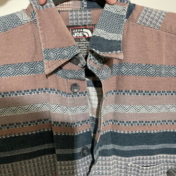Java Joe Southwestern Print Flannel Tan Blue Striped Button Up Large Aztec Indie - Picture 8 of 8